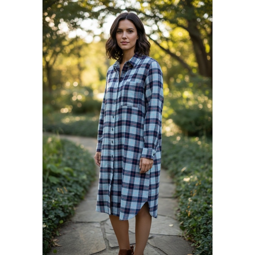 Natural Reflections Blue Red Plaid Flannel Button Down Shirt Dress Outdoors Sz L